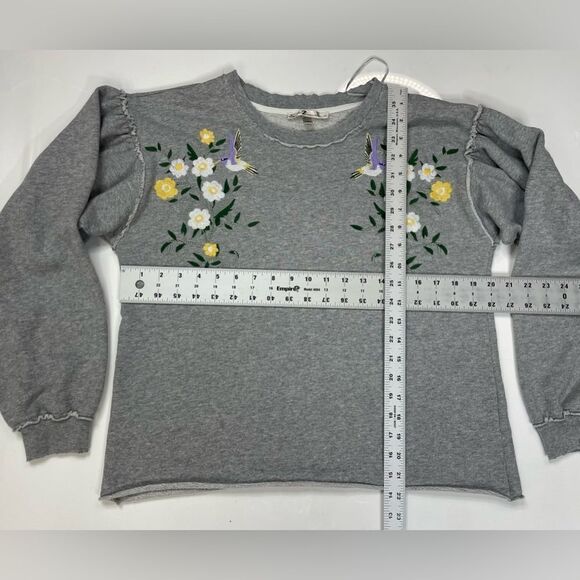 Seven7 Floral Bird Embroidered Sweatshirt Women Small Gray - Picture 7 of 7